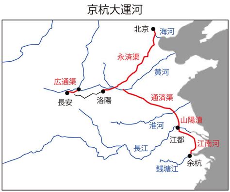 山陽瀆|中国の隋・元・現代の京杭大運河ルート図